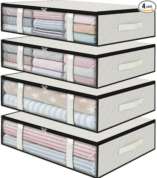 Under Bed Storage Bags 4 Pack, 40L Large Clothes & Comforter Storage Containers with Clear Window, Breathable Fabric Organizer for Blankets, Bedding, Seasonal Clothing, White