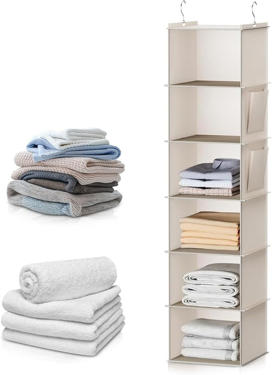 6-Shelf Hanging Closet Storage,Strong Frame Beige Closet Organizer with Side Pockets for Clothes and Accessories, Closet Organizers and Storage Solution, Send Goods from Local Warehouse
