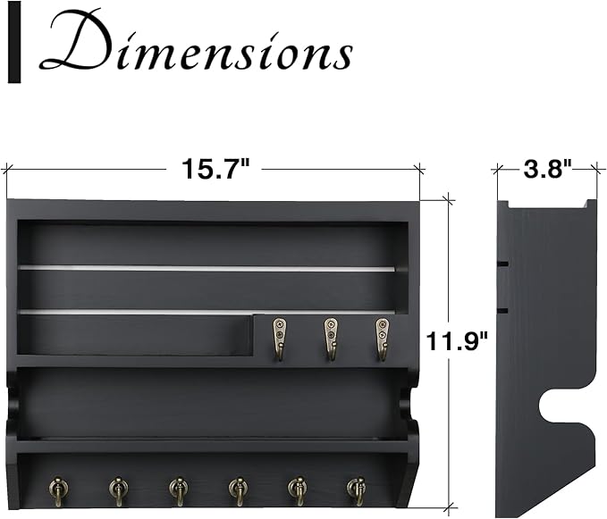 Innovation Handcrafted Solid Pine Wood Key Holder for Wall - Artisan Hand-Sprayed Mail Organizer Wall Mount with 9 Heavy Duty Hooks, Finely Sanded Smooth Surface Entryway Decor, Black