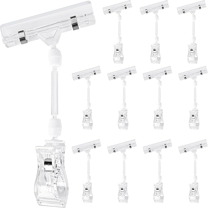 Clear Sign Clips on Merchandise Display 12 Pack Plastic Label Pop Clips on Sign Holder Shelf Double Sided Swivel Price Tag Clips on Clothing Rack Signs Rotatable Menu Clips for Sale Retail Display