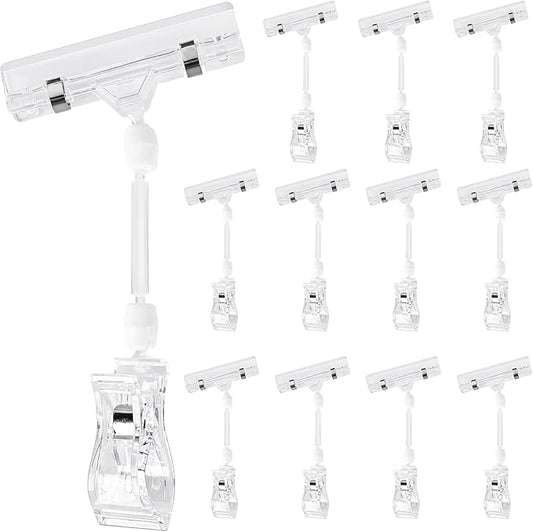 Clear Sign Clips on Merchandise Display 12 Pack Plastic Label Pop Clips on Sign Holder Shelf Double Sided Swivel Price Tag Clips on Clothing Rack Signs Rotatable Menu Clips for Sale Retail Display
