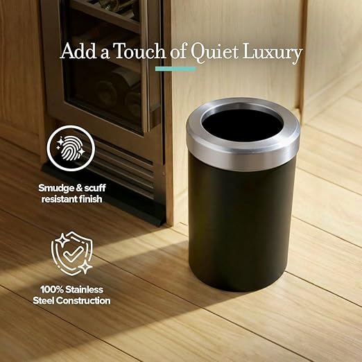 Gatco Small Bathroom Trash Can with Lid, Round 3 Gallon Stainless Steel Wastebasket, Under Sink, Matte Black and Satin Nickel, for Bathroom, Bedroom, Office (1912SN)