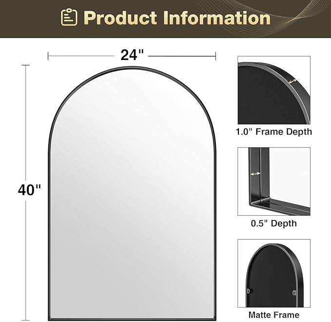 Brightify Arched Mirror, Arched Wall Mirror, 24 x 40 Inch Black Arch Mirror, Metal Frame Black Bathroom Mirror, Arched Top Bathroom Vanity Mirror for Living Room Bedroom Mantel Entryway Hallways