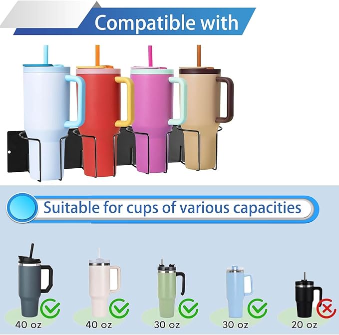 Magnetic Fridge Cup Holder for Stanley 20/30/40 oz with Tumbler Lid Organizer, Strong Magnetic Water Bottle Storage Rack (2Pack 3Cups)