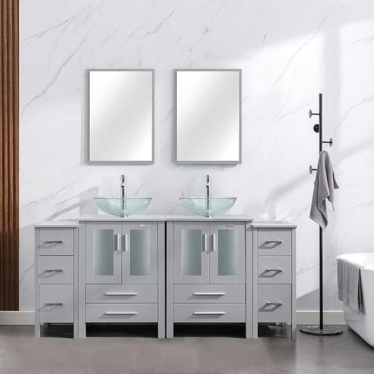 eclife 72" Modern Bathroom Vanity Sink Combo Freestanding Cabinet with Small Side Cabinet, Clear Round Glass Vessel Sink, Water Save Faucet, Drain (Gray+A16)