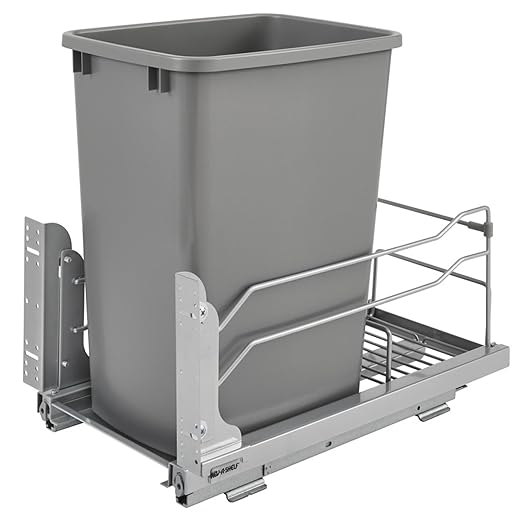 Rev-A-Shelf Pullout Trash Can for Under Kitchen Cabinets 35 Quart 8.75 Gallon with Soft-Close Slides and Rear Storage, Silver, 53WC-1535SCDM-117