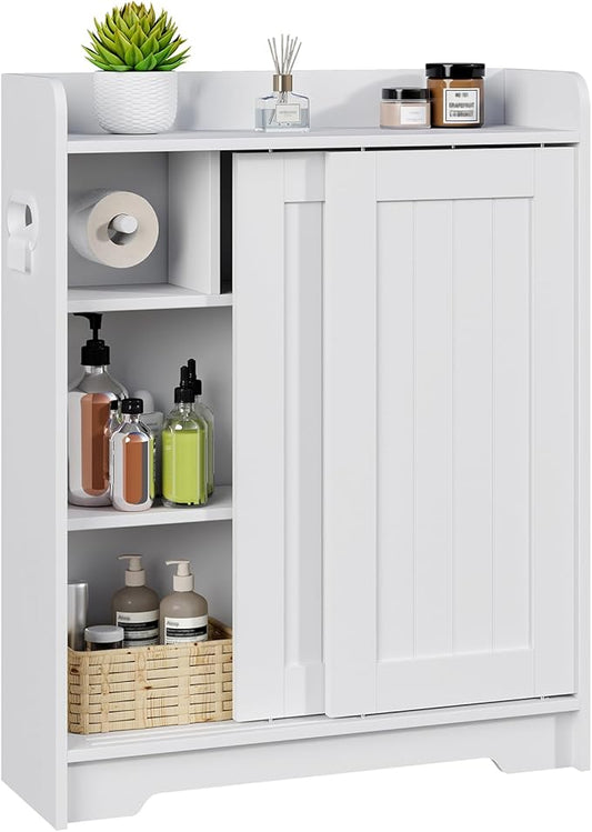 Bathroom Floor Cabinets, Slim Bathroom Storage Cabinet with Sliding Door, Ideal for Toilet Paper Holder, Adjustable Shelves, Next to Toilet Solid Cabinet for Bathroom,Kitchen,White