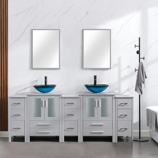 eclife 84" Modern Bathroom Vanity Sink Combo Freestanding Cabinet with Small Side Cabinet, Turquoise Square Glass Vessel Sink, Water Save Faucet, Drain (Gray+A10)