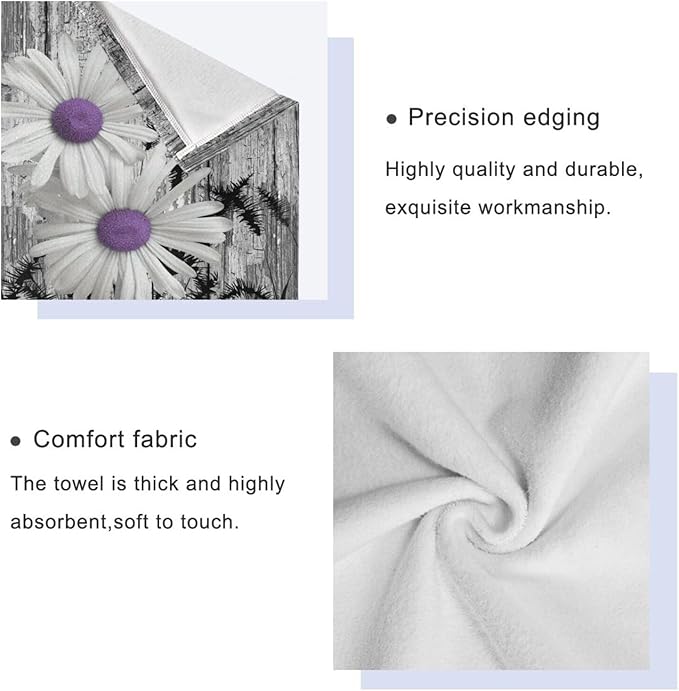 3 Piece Rustic Daisy Bath Towels Set,Microfiber Absorbent Purple Flower Butterfly Grey Barn Farmhouse Towels for Bathroom,1 Bath Towel,1 Hand Towel,1 Washcloth,Decorative Bathroom Towels
