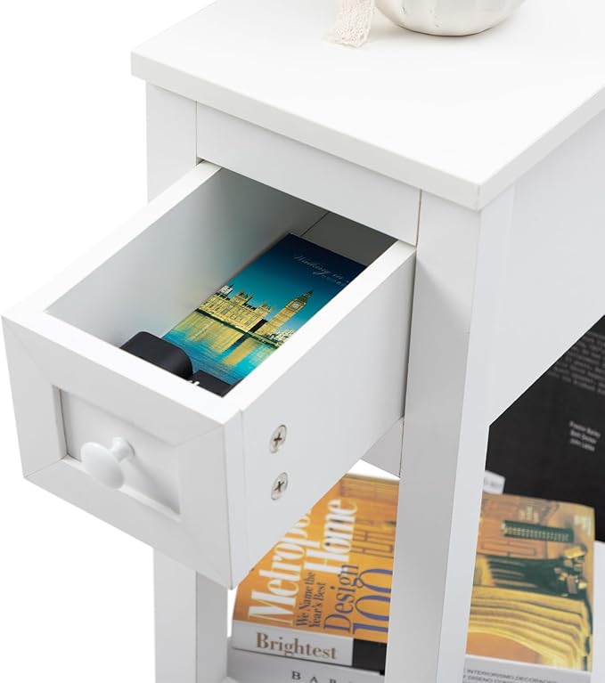 Narrow Side Table with Storage Drawer - White Slim Nightstand for Small Spaces