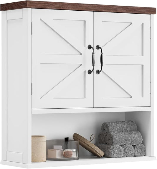Farmhouse Bathroom Cabinet Wall Mounted, White Medicine Cabinet with Adjustable Shelf, Bathroom Cabinet for Living Room, Laundry Room