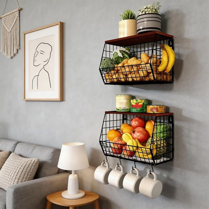 Wall Mounted Fruit Basket with Wood Lid, Hanging Kitchen Storage for Fruits, Vegetables, Potatoes, Onions | Heavy-Duty Carbon Steel & Solid Wood, Black, Space-Saving Countertop Organizer (L)