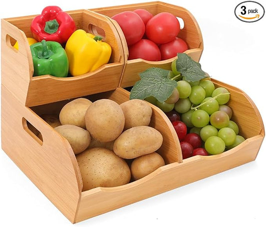 Stackable Bamboo Pantry Organizer - 3-Piece Storage Basket Set for Potato, Onion & Kitchen Cabinet, Tool-Free Assembly, Multi-Size Bins