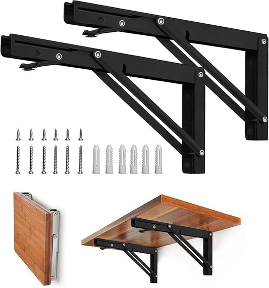 Storystore Folding Shelf Brackets - 10 Inch Heavy Duty Metal Collapsible Shelf Bracket for Bench Table, Shelf Hinge Wall Mounted Space Saving DIY Bracket, Max Load: 150 lb (2 PCS, Black)