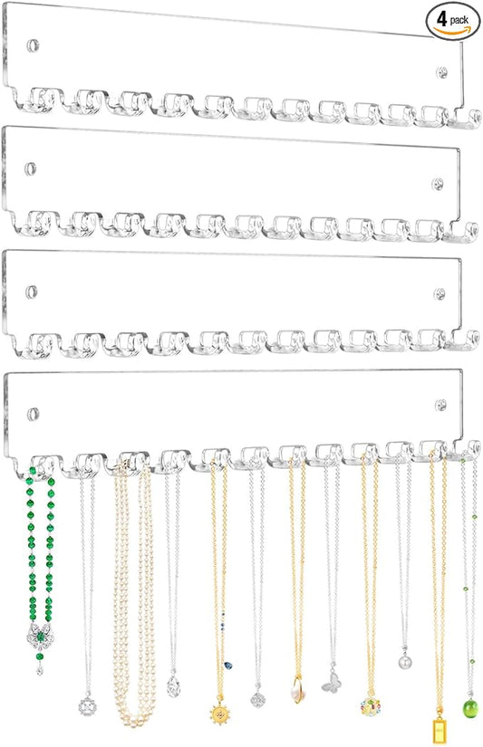 Acrylic Necklace Holder 4 Pack Wall Mounted Necklace Organizer Hanging Jewelry Organizer with 12 Hooks for Necklaces, Bracelets, Rings and Bangles Display