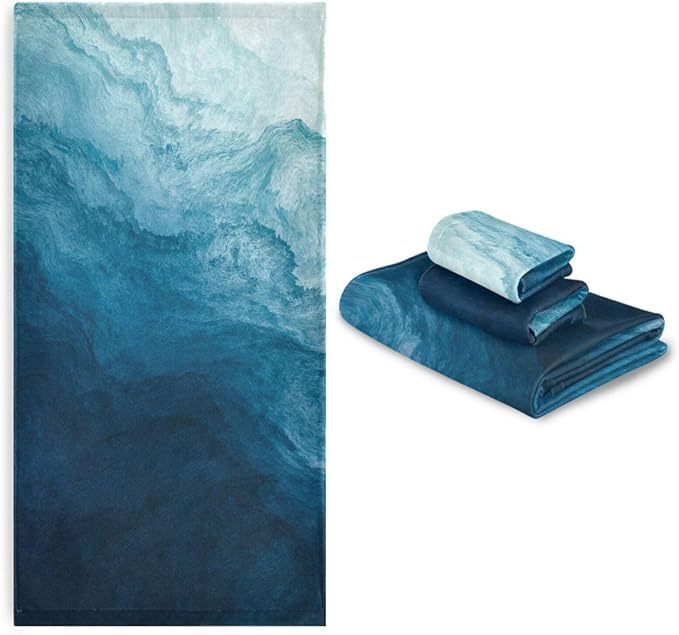3 Piece Blue Sea Waves Bath Towel Set,Microfiber Modern Abstract Navy Ocean Beach Theme Decorative Guest Bathroom Towels,1 Bath Towel 1 Hand Towel for Bathroom Kitchen,1 Washcloth for Face