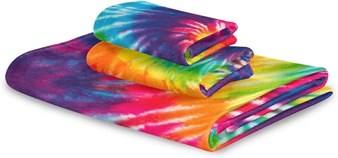 Tie Dye Towels Set of 3 Rainbow Hippie Colors Bathroom Towel Soft Absorbent Chic Abstract Swirl Bath Hand Towels Washcloth Guest Towel Sets Bathroom Decorations