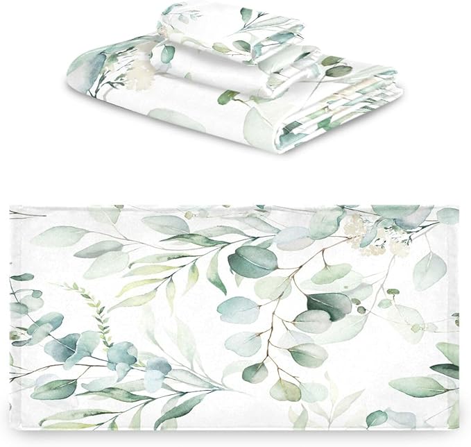 3 Piece Sage Green Eucalyptus Bath Towels Set,Microfiber Absorbent Vintage Watercolor Leaves White Floral Towels for Bathroom,1 Bath Towel,1 Hand Towel,1 Washcloth,Decorative Bathroom Towels
