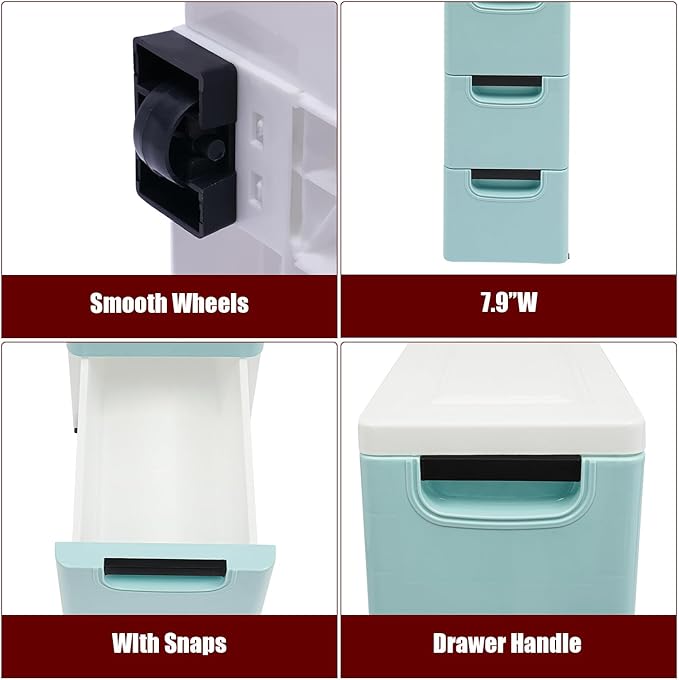 6 Drawers Narrow Slim Plastic Storage Cabinet,Storage Drawer with Wheels,6 Tier Drawers Dresser,Rolling Narrow Cabinet for Small Spaces Bathroom Kitchen Bedroom Living Room,Blue