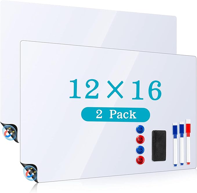 Magnetic Whiteboard for Fridge, 2 Pack 12x16 Inch Dry Erase Board for Refrigerator, Kitchen Organizer & Planner with 3 Markers, Eraser & 4 Magnets