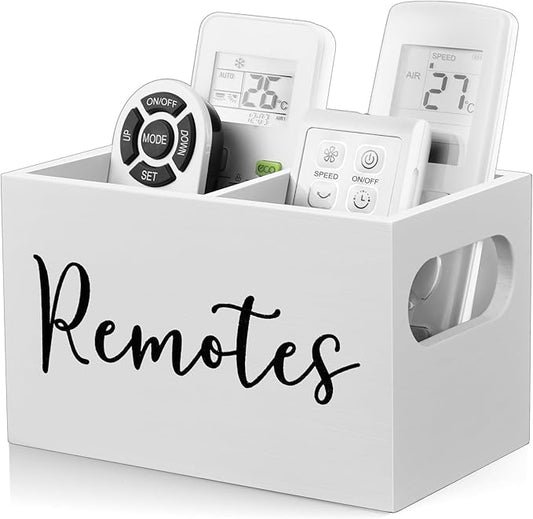 DRASTAR Remote Control Holder, Wood TV Remote Holder, Remote Storage Caddy, Remote Control Organizer (White, 2 Slots)