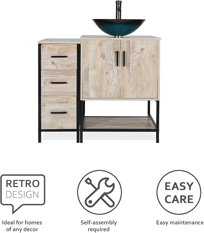 eclife 36" Bathroom Vanity Sink Combo Modern Metal Stand Cabinet W/Bottom Shelf & Storage Side Cabinet Turquoise Square Vessel Sink & Water Save Faucet & Pop Up Drain, Oak (A10)