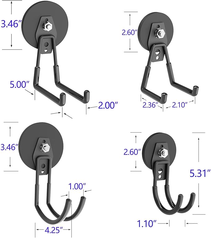 Heavy Duty Magnetic Hooks - Anti-Slide Garage Hanger, Magnetic Mounting for Garden Tools, Hose, Power Drill, Steel Pegboard, Workshop (8 Pack)