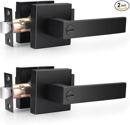 Probrico 2 Pack| Square Privacy Door Levers Matte Black Bed Bath Door Handles, Keyless Interior Door Lockset Heavy Duty Leversets for Left or Right Handed Doors