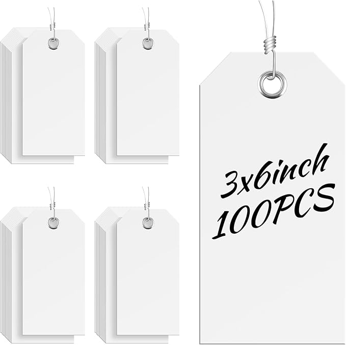100 Large White Plastic Shipping Tags - 3x6 inch, Heavy Duty, Waterproof, Writable Wire Tags with String Attached for Luggage, Garage, Inventory, Car Parts