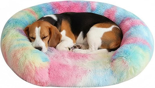 Fluffy Dog Bed Calming Donut Beds for Large Dogs Warming Round Small Medium Pet Nest Cozy Cat Mattress Indoor Washable Puppy Kennel Kittens Sleep Mat (M, 27.5×27.5 inch, Rainbow)