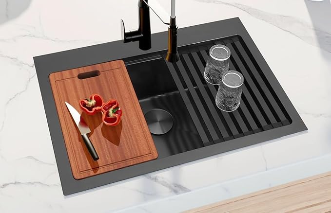 Drop In Black Kitchen Sink,Stainless Steel Sink 16 Gauge,Single Bowl Workstation Sinks (Black, 26" X 22")