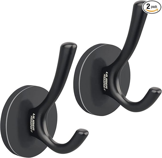 ULIBERMAGNET Strong Magnetic Double Hooks, 2 Pack Heavy Duty Sturdy Coat Magnetic Hooks, Rubber Magnets Large Hooks for Coat Robe Towel Key Hat (Black)