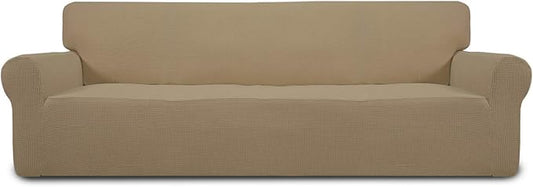 Easy-Going Stretch 4 Seater Sofa Slipcover 1-Piece Sofa Cover Furniture Protector Couch Soft with Elastic Bottom for Kids, Polyester Spandex Jacquard Fabric Small Checks Tan