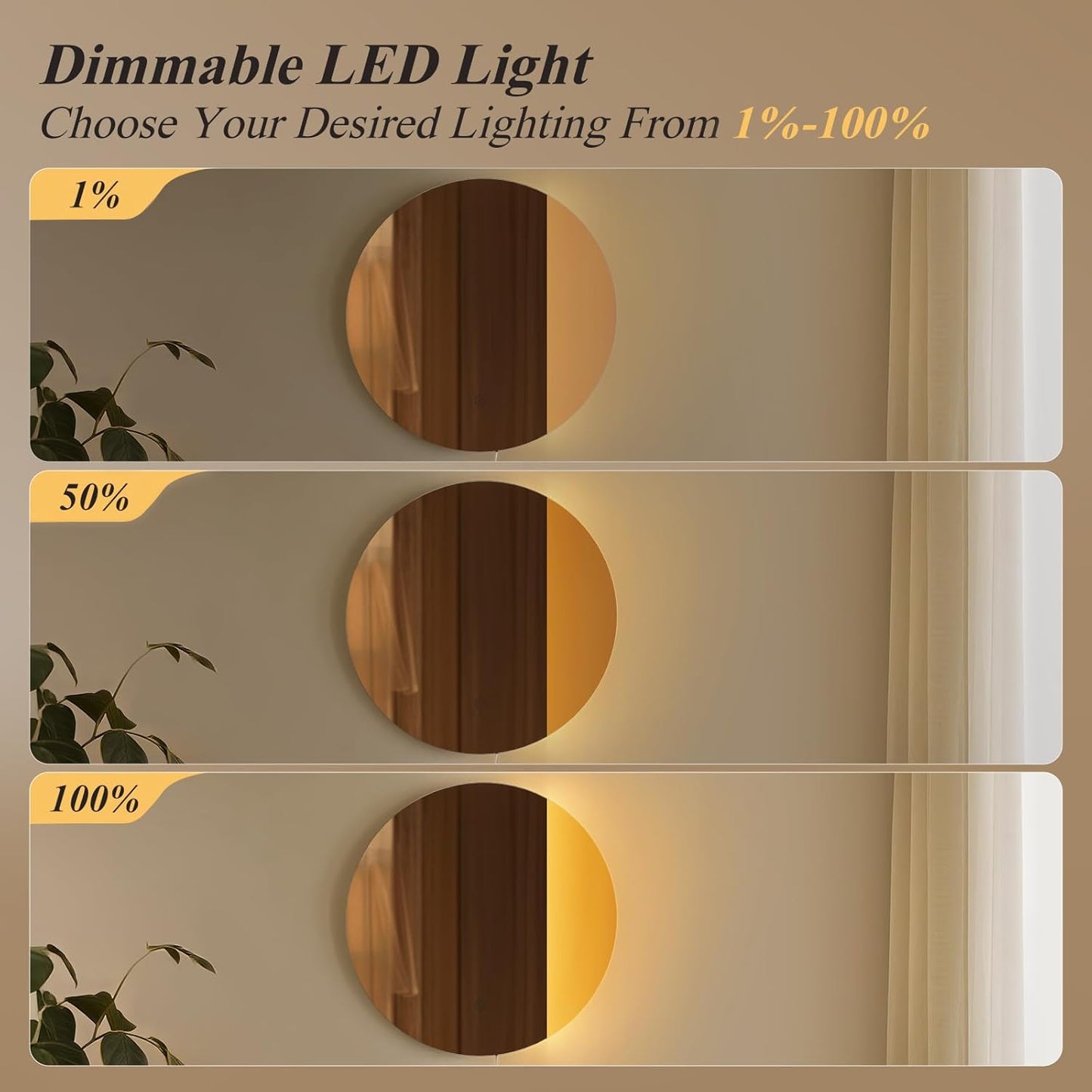 ONEWISH LED Wall Sconce, Dimmable Mirror Wall Lamp,16.93 inch Round Wall Lights for Bedroom with Memory Function, Wall Lamps for Living Room Entryway, Bronze