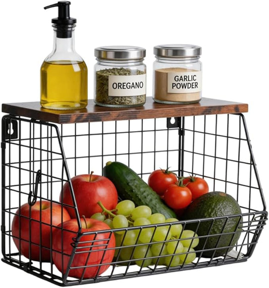 Wall Mounted Fruit Basket with Wood Lid, Hanging Kitchen Storage for Fruits, Vegetables, Potatoes, Onions | Heavy-Duty Carbon Steel & Solid Wood, Black, Space-Saving Countertop Organizer (L)