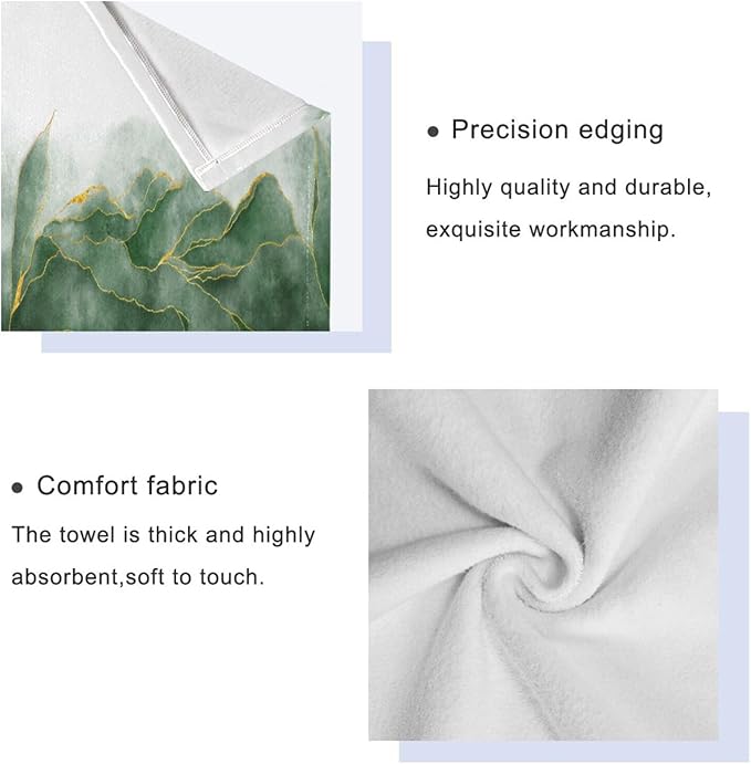 3 Piece Ombre Green Leave Bath Towels Set,Microfiber Absorbent Emerald Green Gold Marble Texture Towels for Bathroom,1 Bath Towel,1 Hand Towel,1 Washcloth,Modern Decorative Bathroom Towels