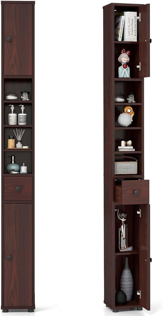 SIMOE Slim Bathroom Tall Cabinet - Freestanding Floor Storage Organizer with 2 Doors, 1 Drawer & 5 Adjustable Shelves, Hardwood Narrow Linen Tower for Small Spaces, 8"x8"x71"