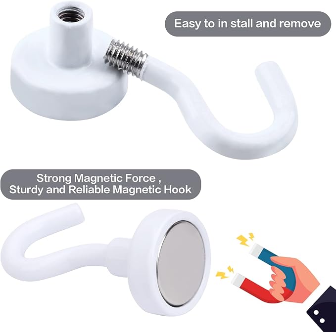 E BAVITE Strong White Magnetic Hooks Heavy Duty, Cruise Cabin Ship Essentials 30Lbs 10 Pack Rare Earth Magnets Hook for Refrigerator, Grill, Home, Kitchen, Office
