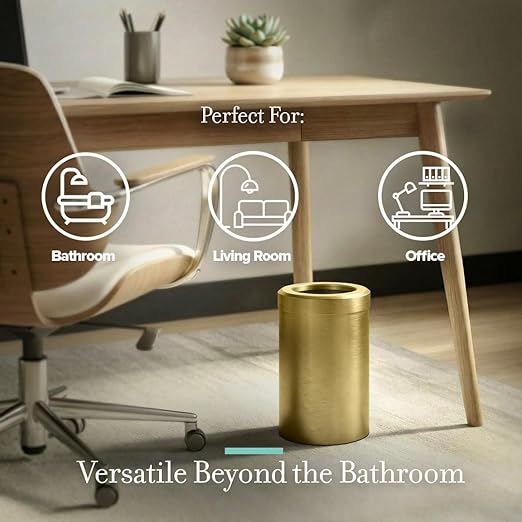 Gatco Small Bathroom Trash Can with Lid, Round 3 Gallon Stainless Steel Wastebasket, Under Sink, Brushed Brass, for Bathroom, Bedroom, Office (1910B)