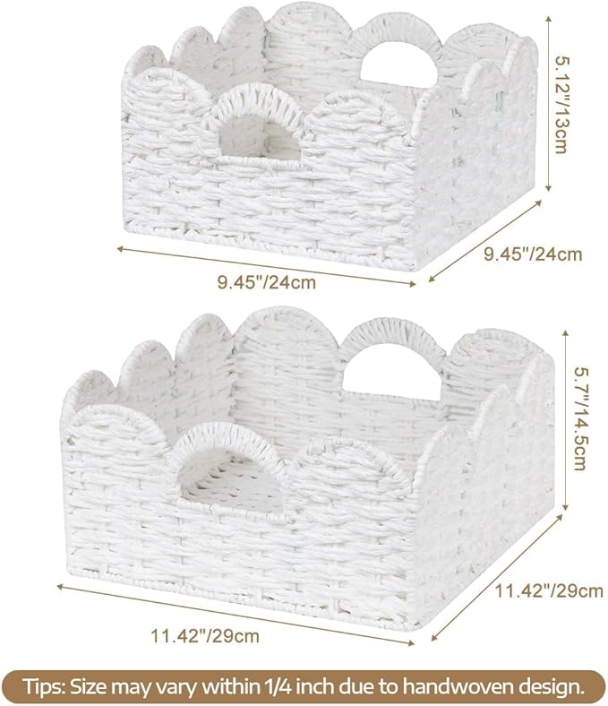 Scalloped Wicker Basket Natural Paper Rope Storage Baskets with Handles Handwoven Organizer Bin Wicker Storage Baskets for Home Decor, Organizing, 2 Pack (White)