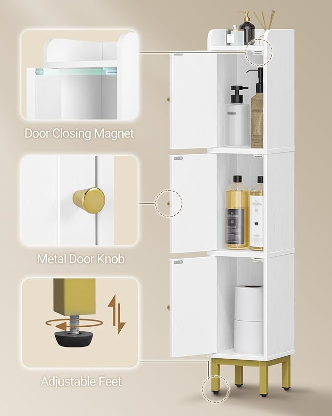 Slim Bathroom Storage Cabinet, Narrow Bathroom Organizers and Storage with 4 Adjustable Feet, Laundry Room Organization for Small Space, Kitchen, Living Room, 3 Doors White BC22313G
