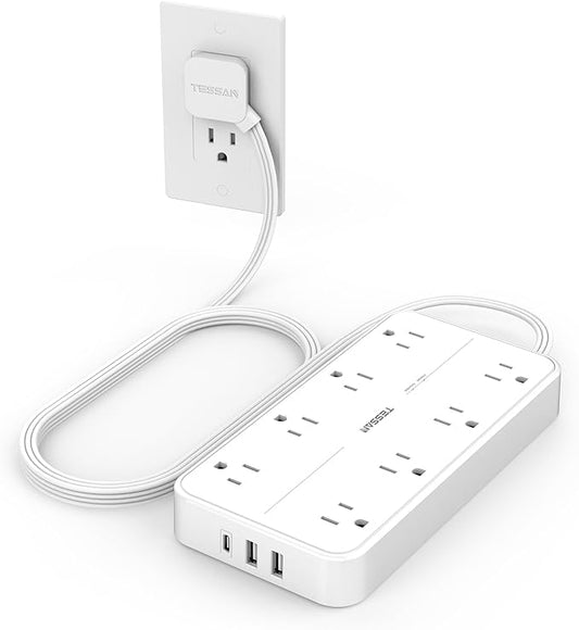 TESSAN Power Strip Surge Protector, 6FT Flat Plug Extension Cord with 8 Outlets 3 USB Charger(1 USB C), 1080 Joules Protection, Wall Mountable Charging Station for Home Office Dorm, White