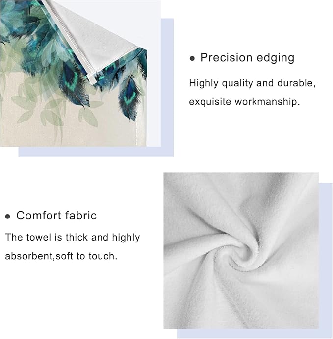 Bath Towels Set,Soft Absorbent Watercolor Peacock Feather Teal Turquoise Floral Green Leaf Print 3 Piece Bathroom Towels,1 Bath Towel,1 Hand Towel,1 Washcloth,Decorative Towels for Spa,Gym