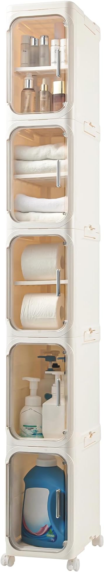 Narrow Bathroom Storage Cabinet with Wheels,5-Tier Plastic Slim Organizer with Adjustable Shelves for Small Spaces,Bathroom, Kitchen, Cream White