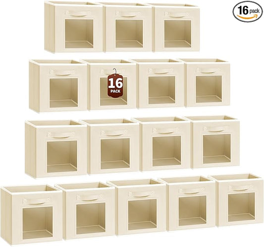 Foldable Storage Cubes - Square Organizer with Window, Decorative Baskets for Organizing, Fabric shelf Basket for Clothes, 11 Inch Closet Storage Cubes, Set of 16, Beige