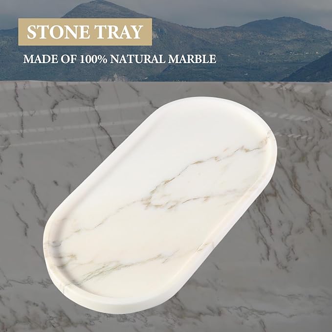 White Marble Tray with Gold Pattern - Decorative Stone Tray for Bathroom & Vanity