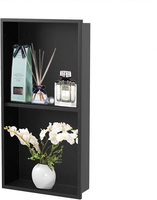 Homevacious 12"×24" Stainless Steel Shower Niche No Tile Needed Matte Black Double Shelves Bathroom Niche Shelf Rimless Recessed Wall Niche for Bathroom Storage