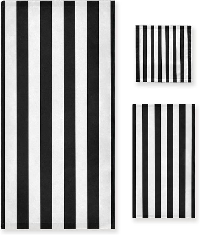 White Black Striped Bath Towels Set, 3-Piece Modern Fashion Set (1 Bath, 1 Hand, 1 Washcloth), Absorbent Microfiber Decorative Bathroom Towels for Fingertip, Hair, Face