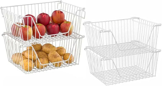 Stackable Wire Metal Baskets Large Capacity Kitchen Freezer Bins for Pantry Cabinet Fruit Vegetable Snacks Organization, White, Set of 4
