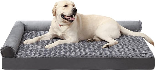 MIHIKK Orthopedic Dog Couch Bed Deluxe Plush L-Shaped with Waterproof Lining Bolster Dog Sleeping Sofa with Removable Washable Cover & Nonskid Bottom Pet Bed for Extra Large Dogs, Gray